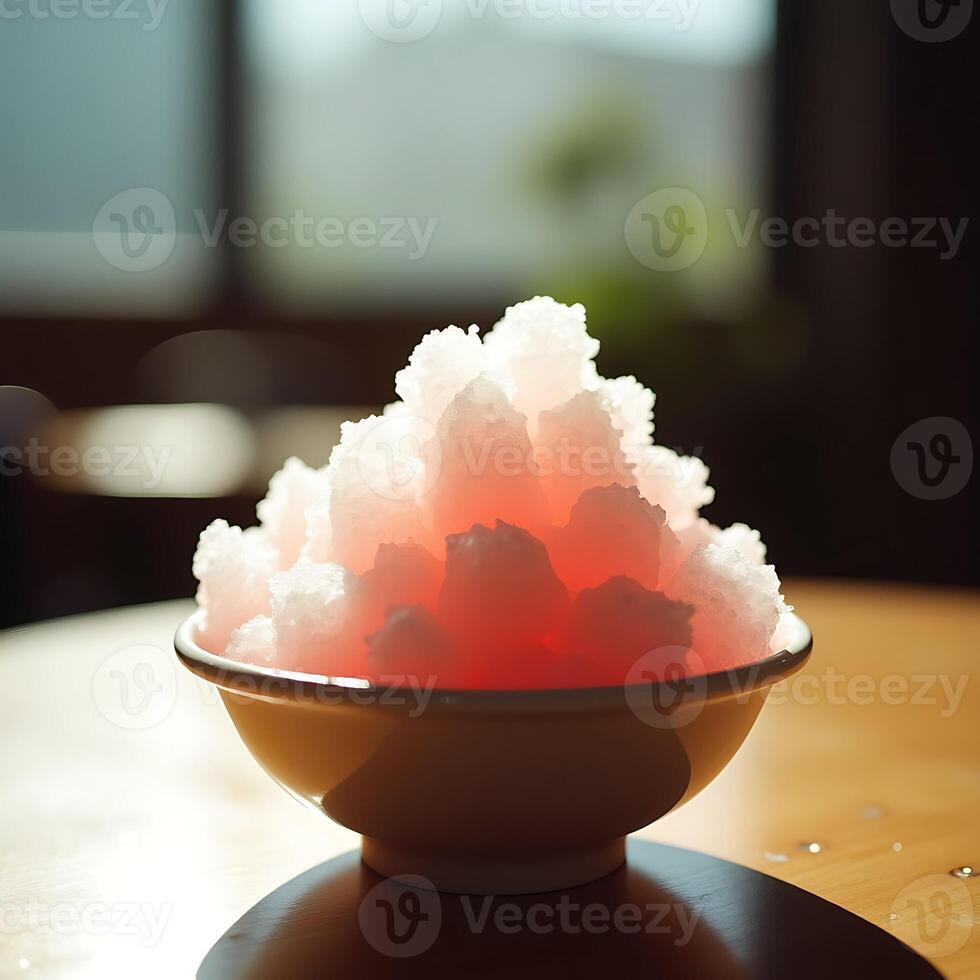 Shaved Ice Dessert in Bowl with Pink Tint and Fine Texture photo