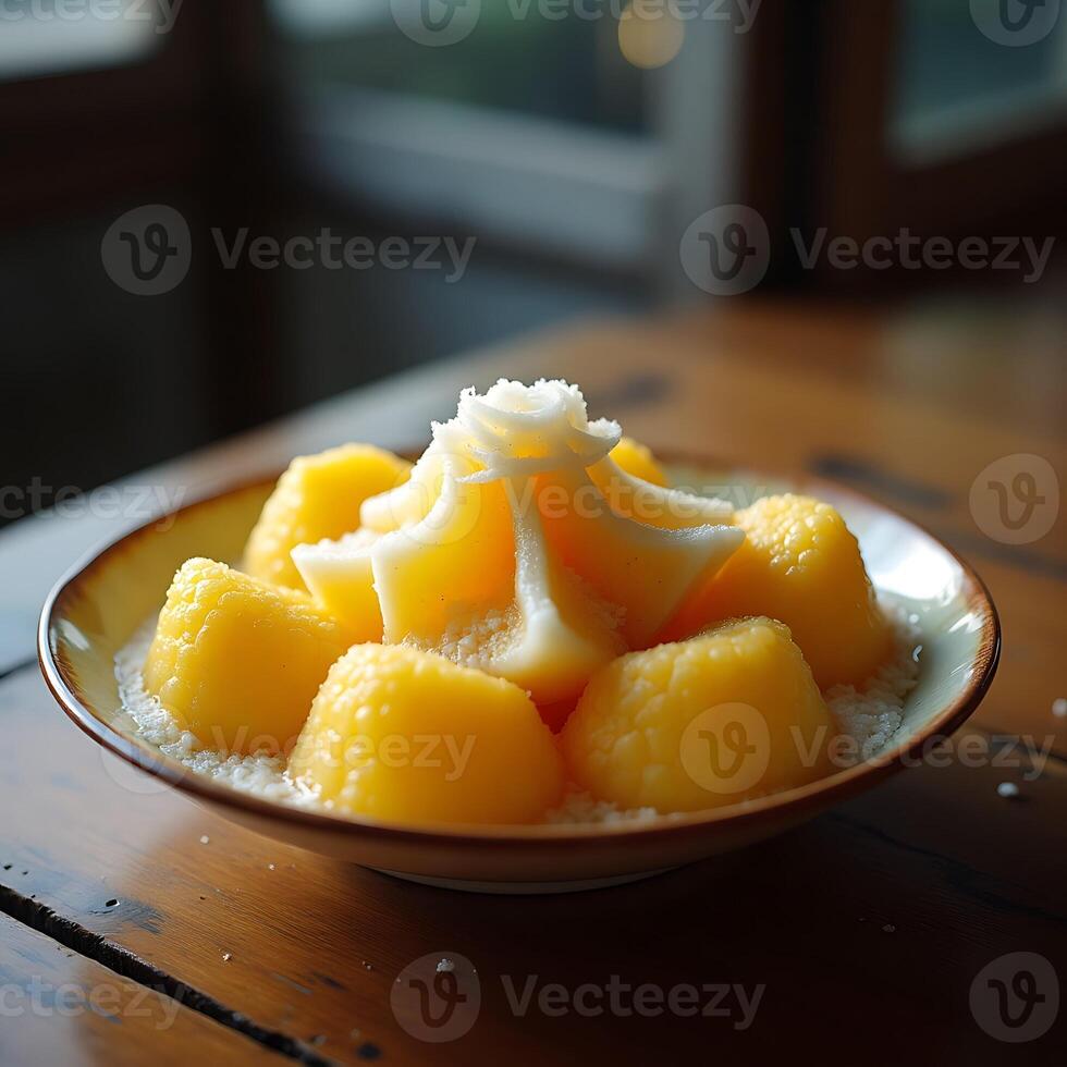 Serving Mango and Sticky Rice Dessert on Wooden Table photo