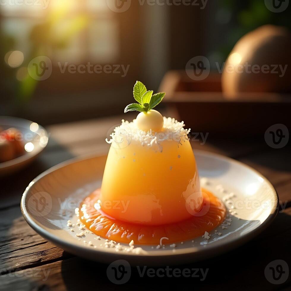 Delicious Orange Jelly Dessert with Mint on Plate in Warm Light photo