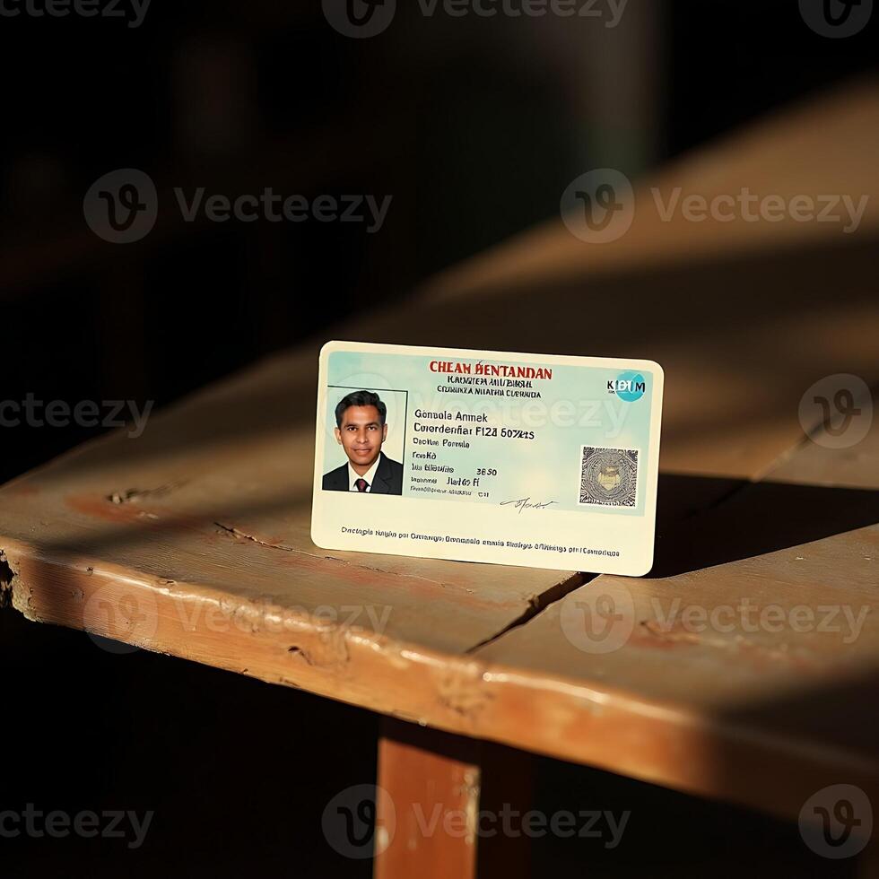 Identification Card Displayed on a Wooden Surface with Light and Shadows photo