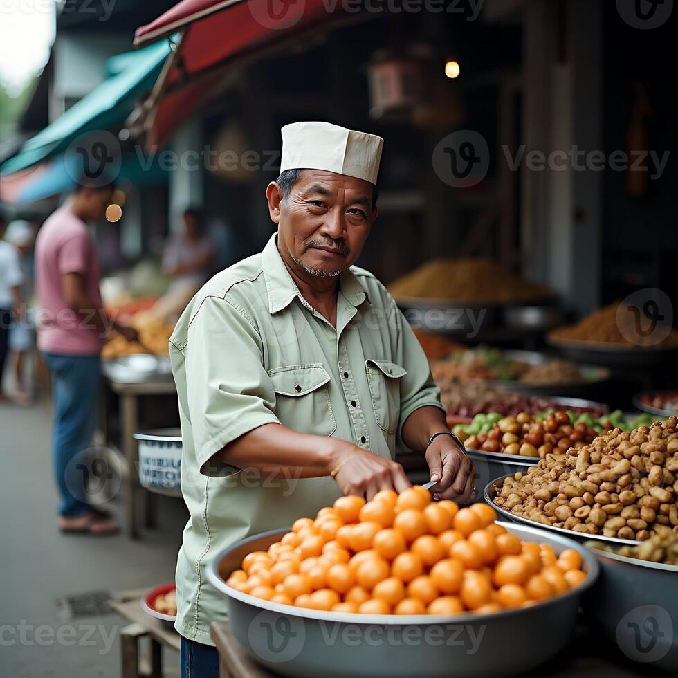 Vendor Selling Fruits at Outdoor Market Stall photo