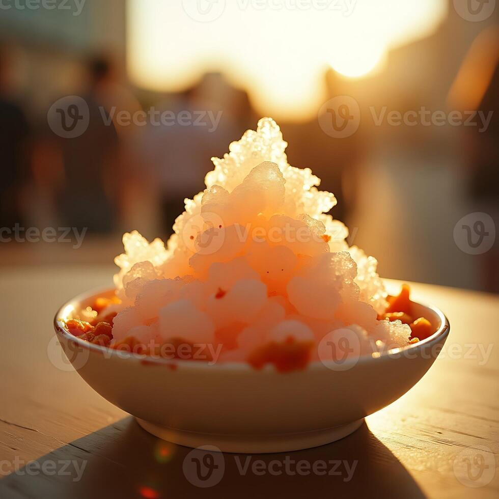 Eating Shaved Ice Dessert at Sunset in Bowl photo