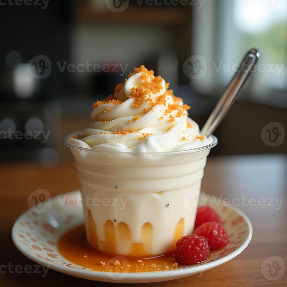 Whipped Cream Dessert with Raspberries and Caramel photo