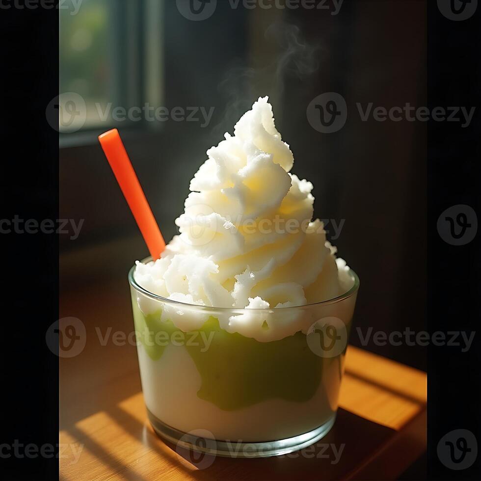 Steaming Drink with Cream and Straw on Table photo