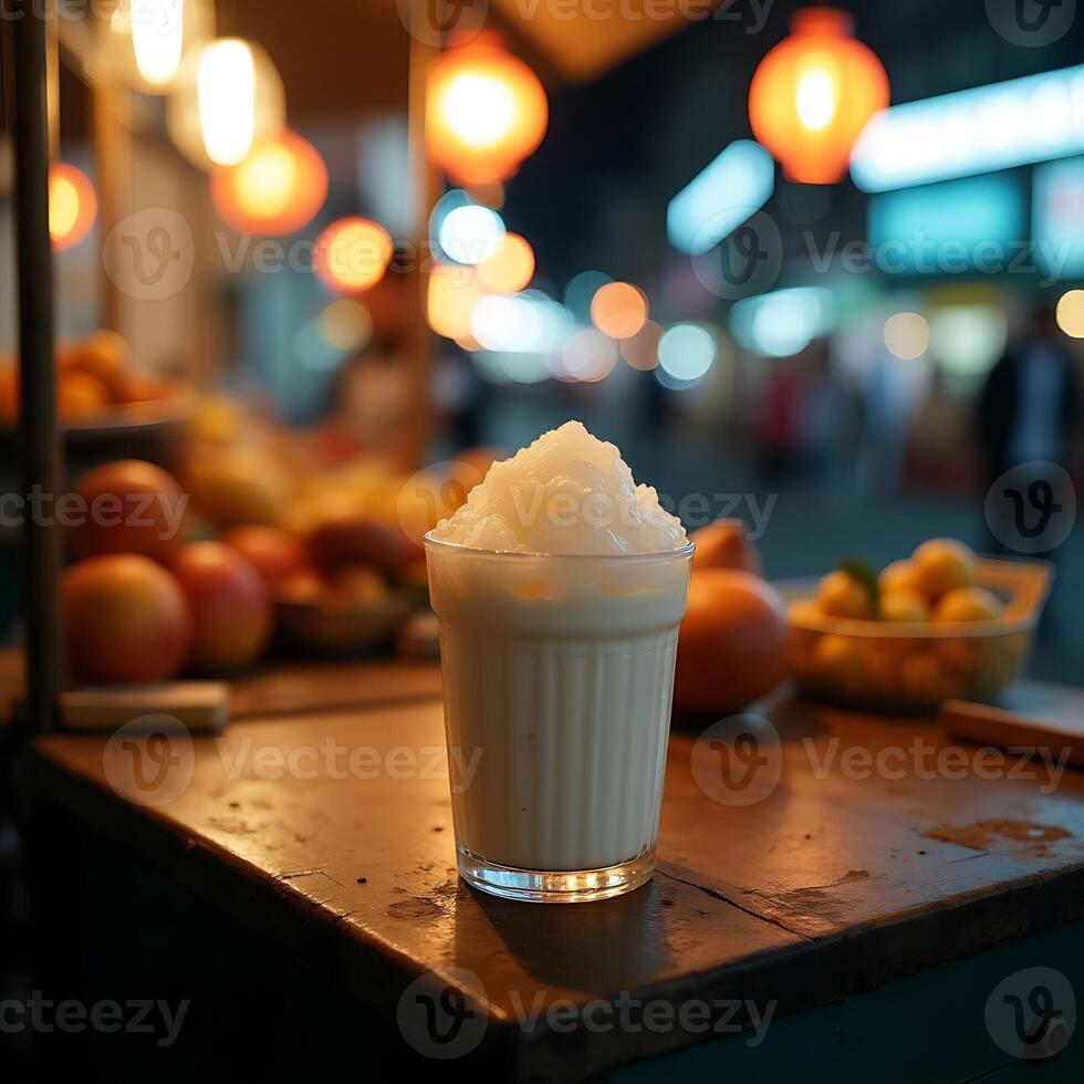 Refreshing Fruit Smoothie on Market Stall at Night photo