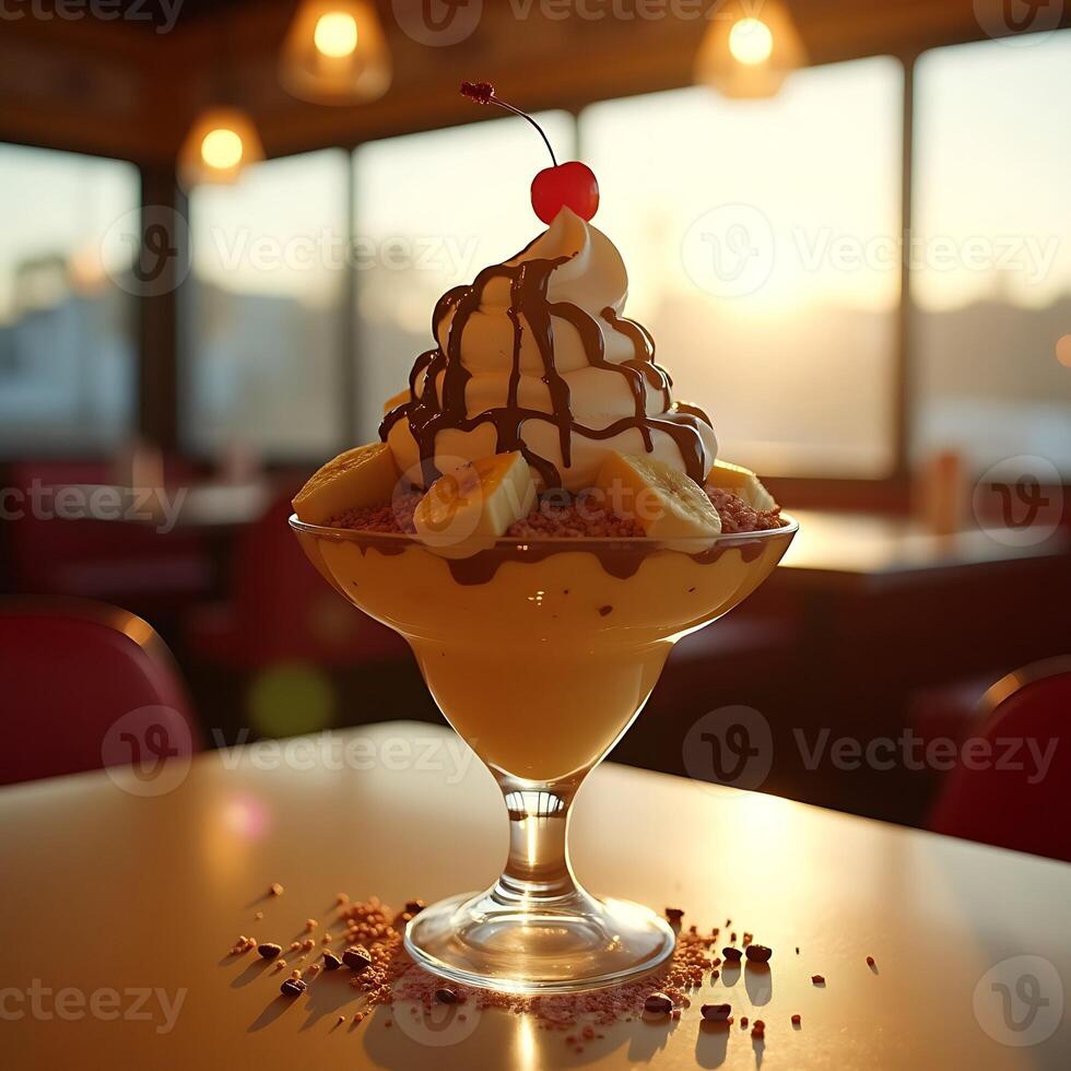 Banana Split Sundae with Chocolate Drizzle and Cherry Topping photo