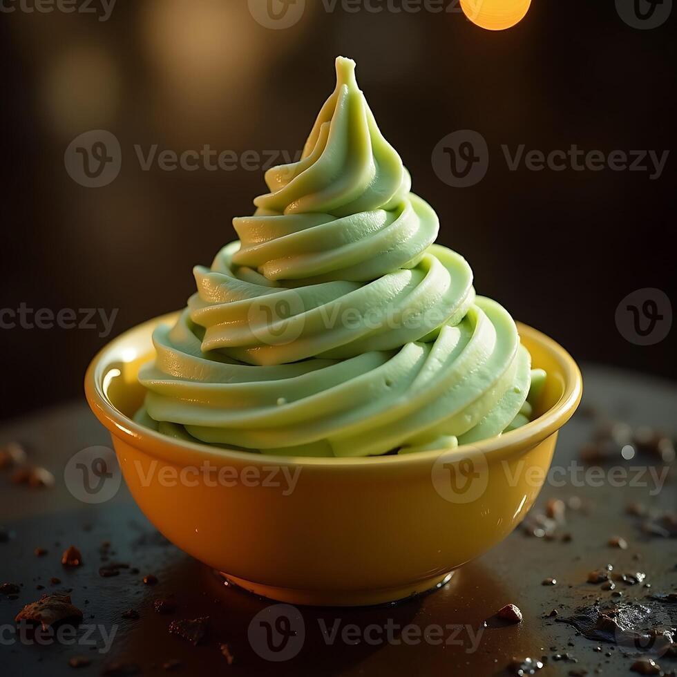 Serving of Soft Serve Dessert in Yellow Bowl on Dark Table photo