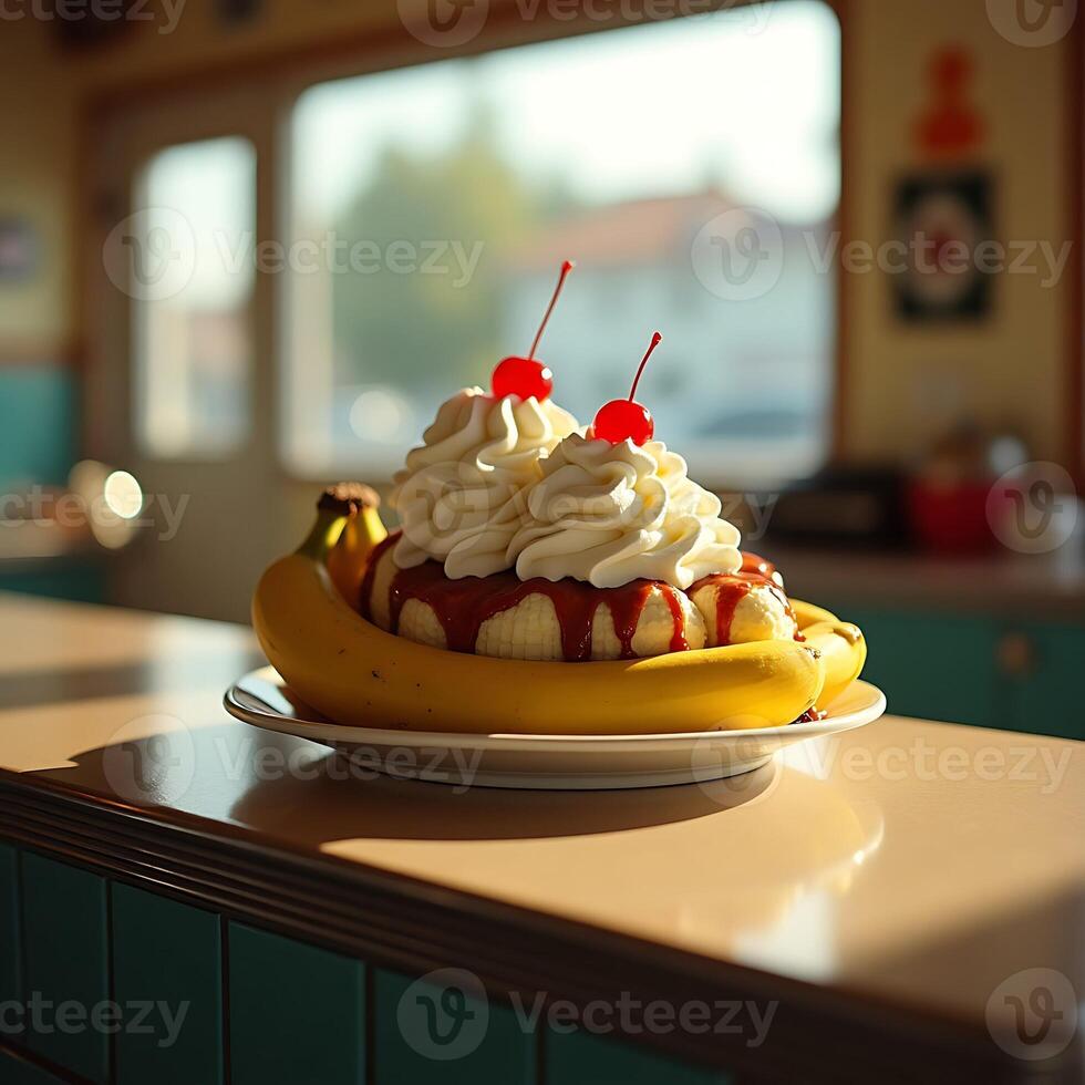 Delicious Banana Split with Whipped Cream and Cherries on Counter photo