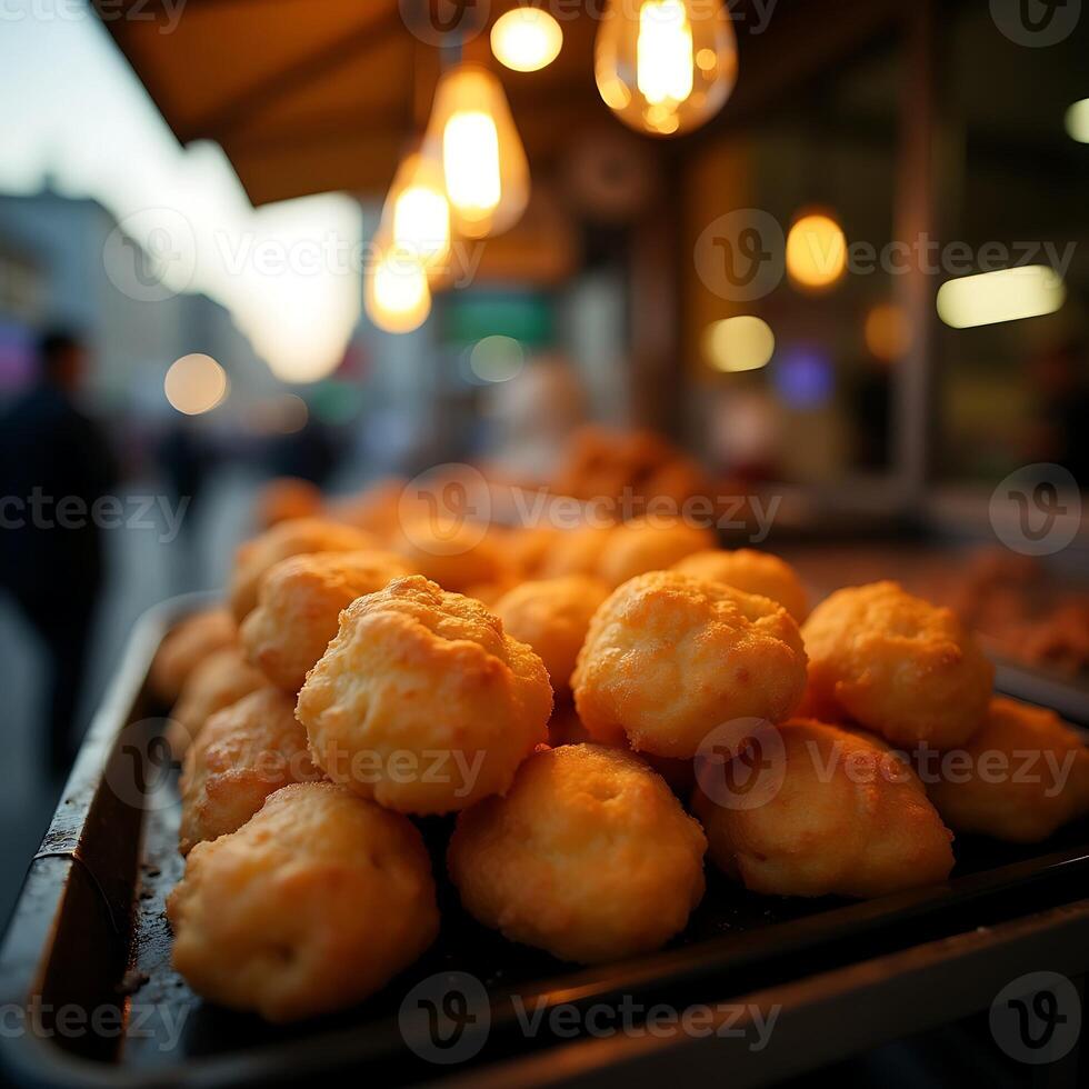 Freshly Fried Dough Balls at Outdoor Food Stand Evening photo