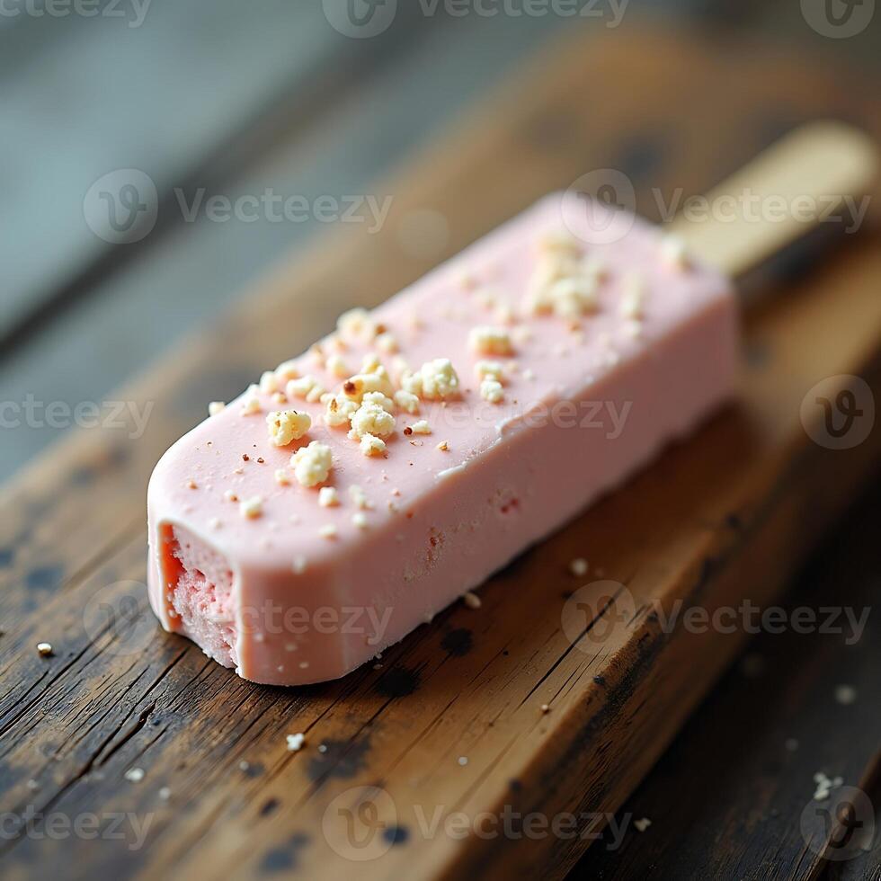 Pink Popsicle on Wooden Board with Crumbled Topping photo