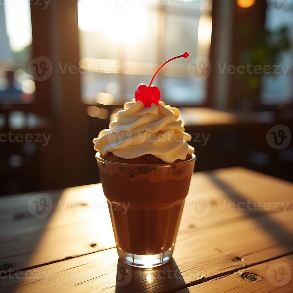 Chocolate Drink with Whipped Cream and Cherry on Wooden Table photo