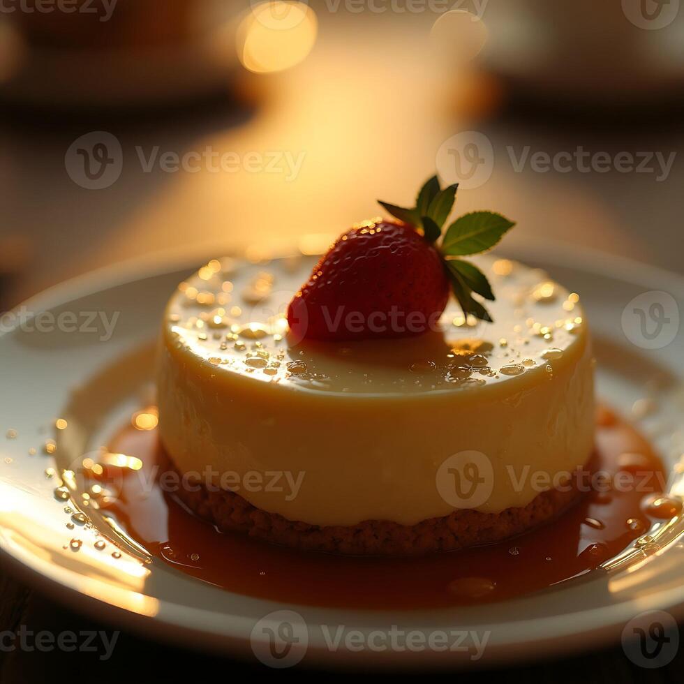 Individual Dessert with Strawberry Topping on Plate photo