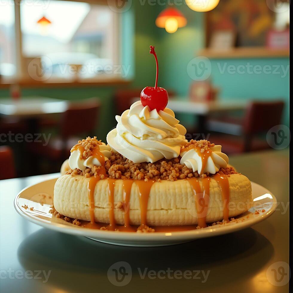 Serving Banana Split Dessert Topped with Whipped Cream and Cherry photo