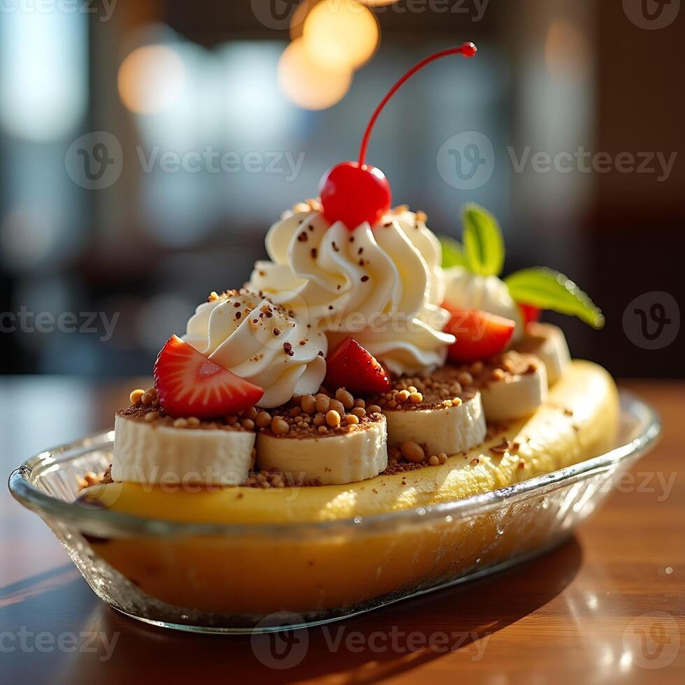 Preparing Banana Split Dessert with Cream and Strawberries photo