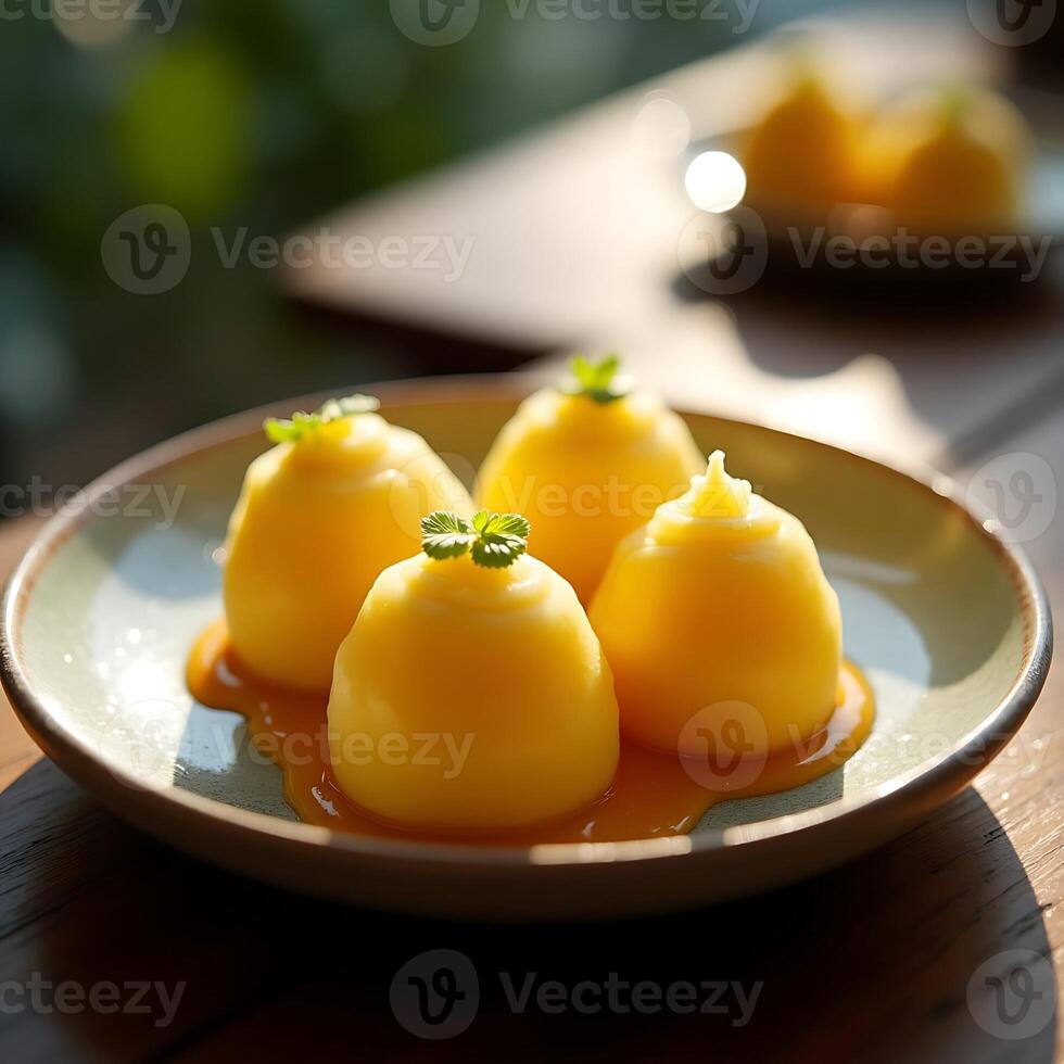 Serving of Rounded Yellow Desserts with Sauce and Mint Garnish on Plate photo