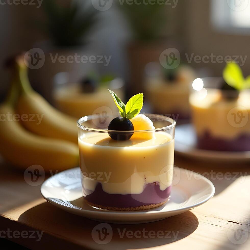 Serving of Creamy Pudding Dessert with Fruit Garnish photo