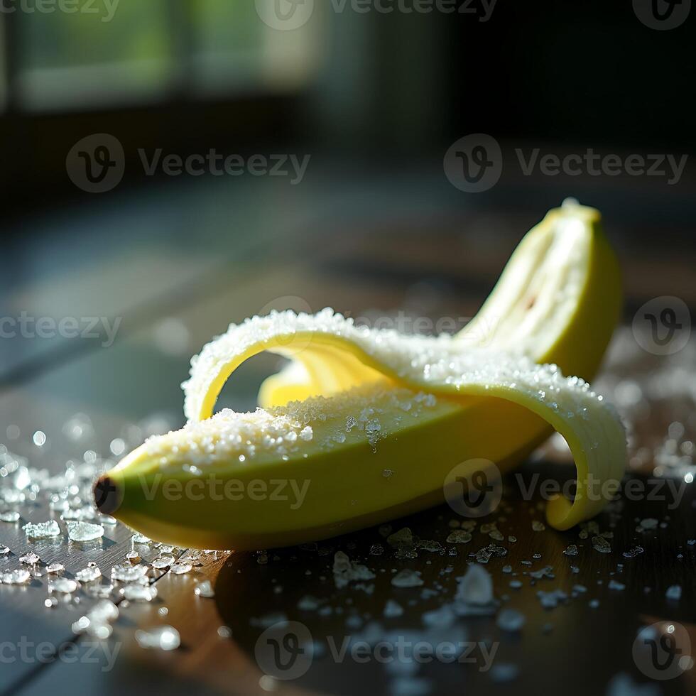 Ripe Banana with Sugar Crystals on Wood Surface in Natural Light photo