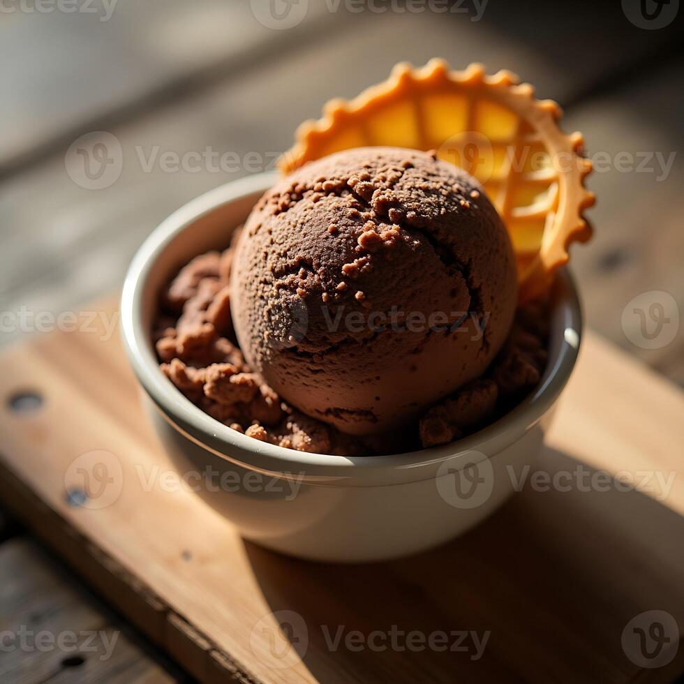 Chocolate Scoop in Bowl with Wafer on Wooden Board photo