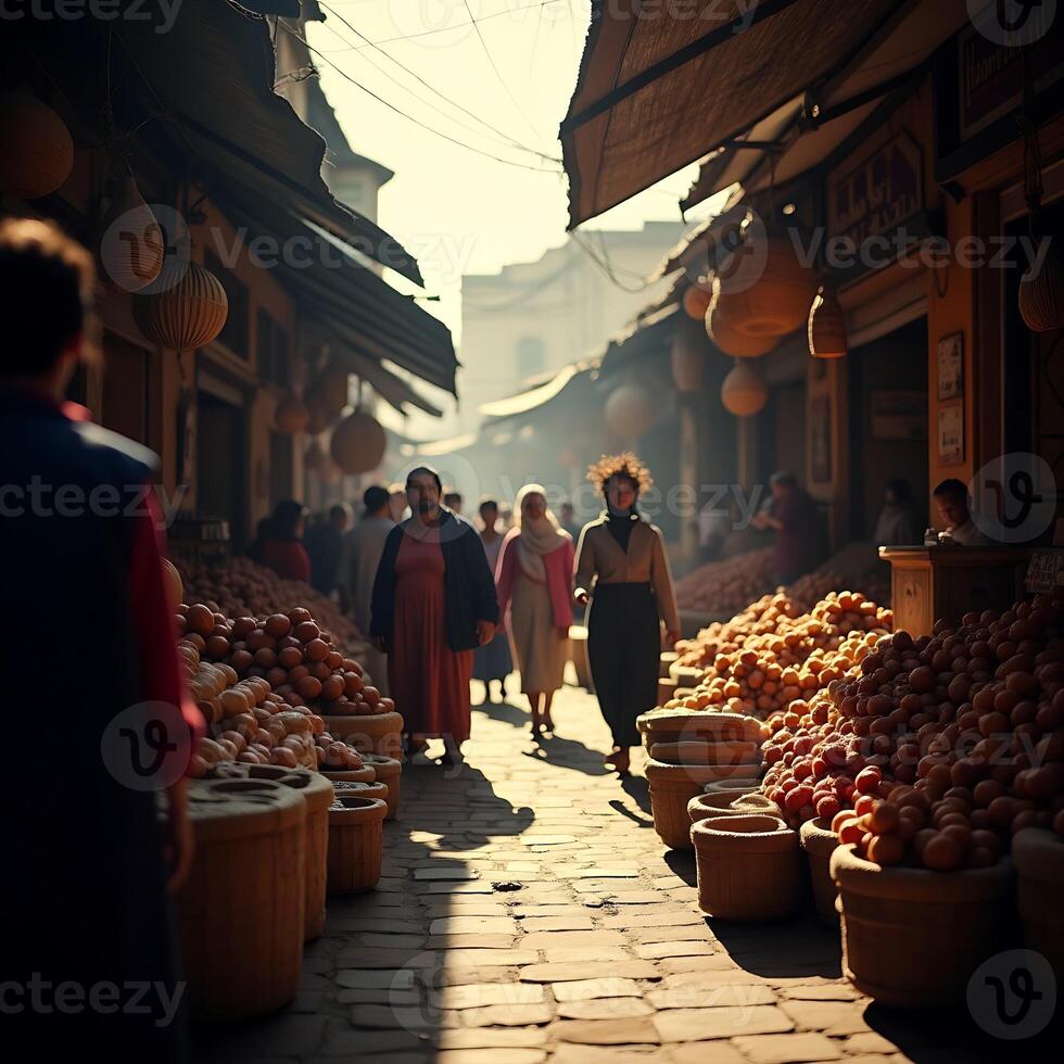 Street Market Scene with People Walking and Fruits on Display photo