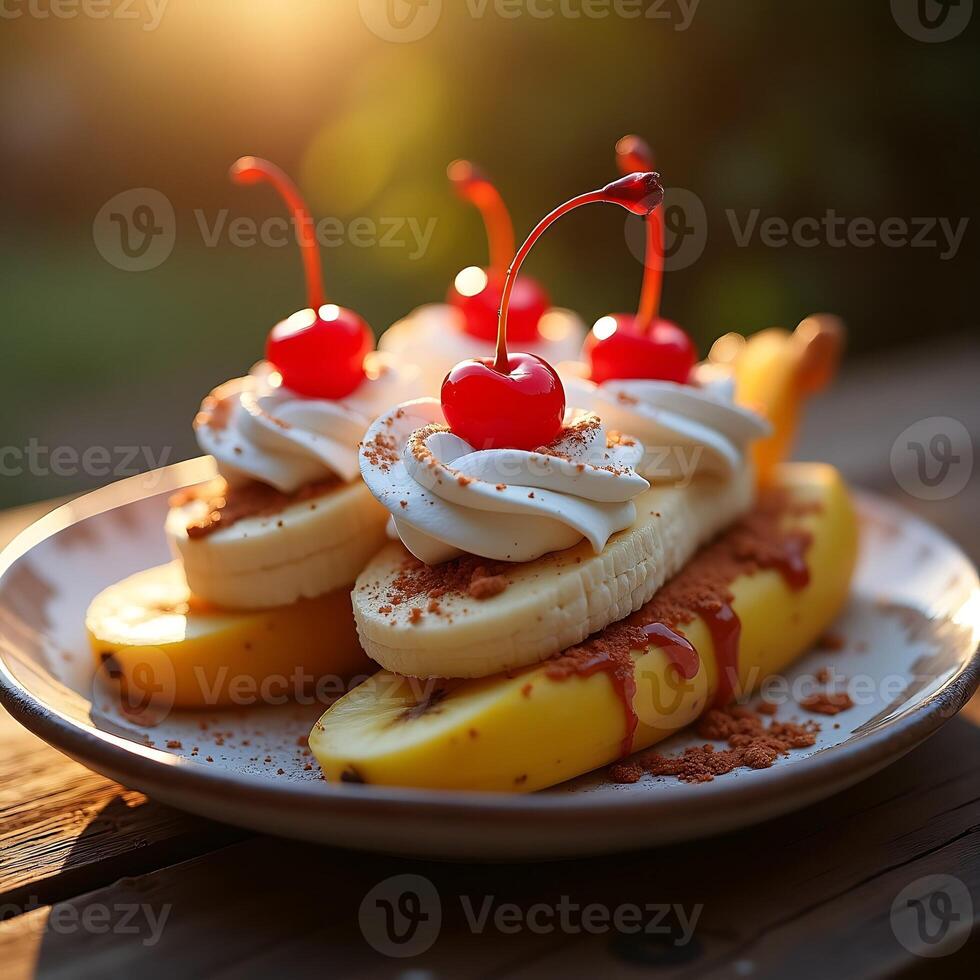 Serving Banana Splits with Whipped Cream and Cherries photo