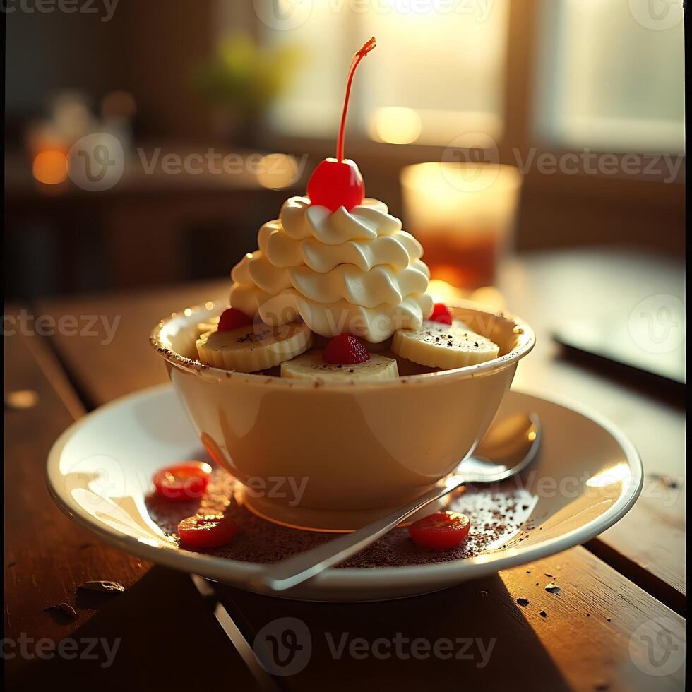 Serving of Dessert with Fruit and Whipped Cream on Plate photo