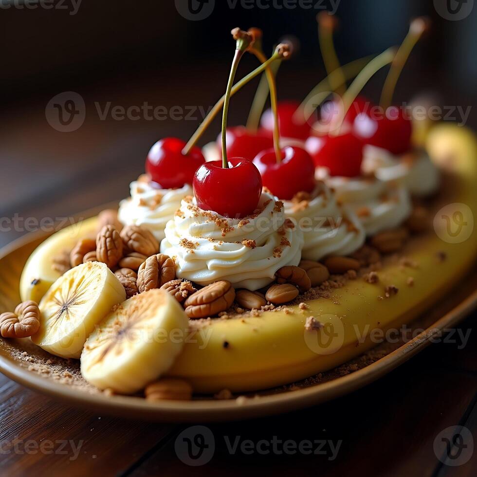 Banana Split with Cherries, Cream and Nuts on Wooden Plate photo