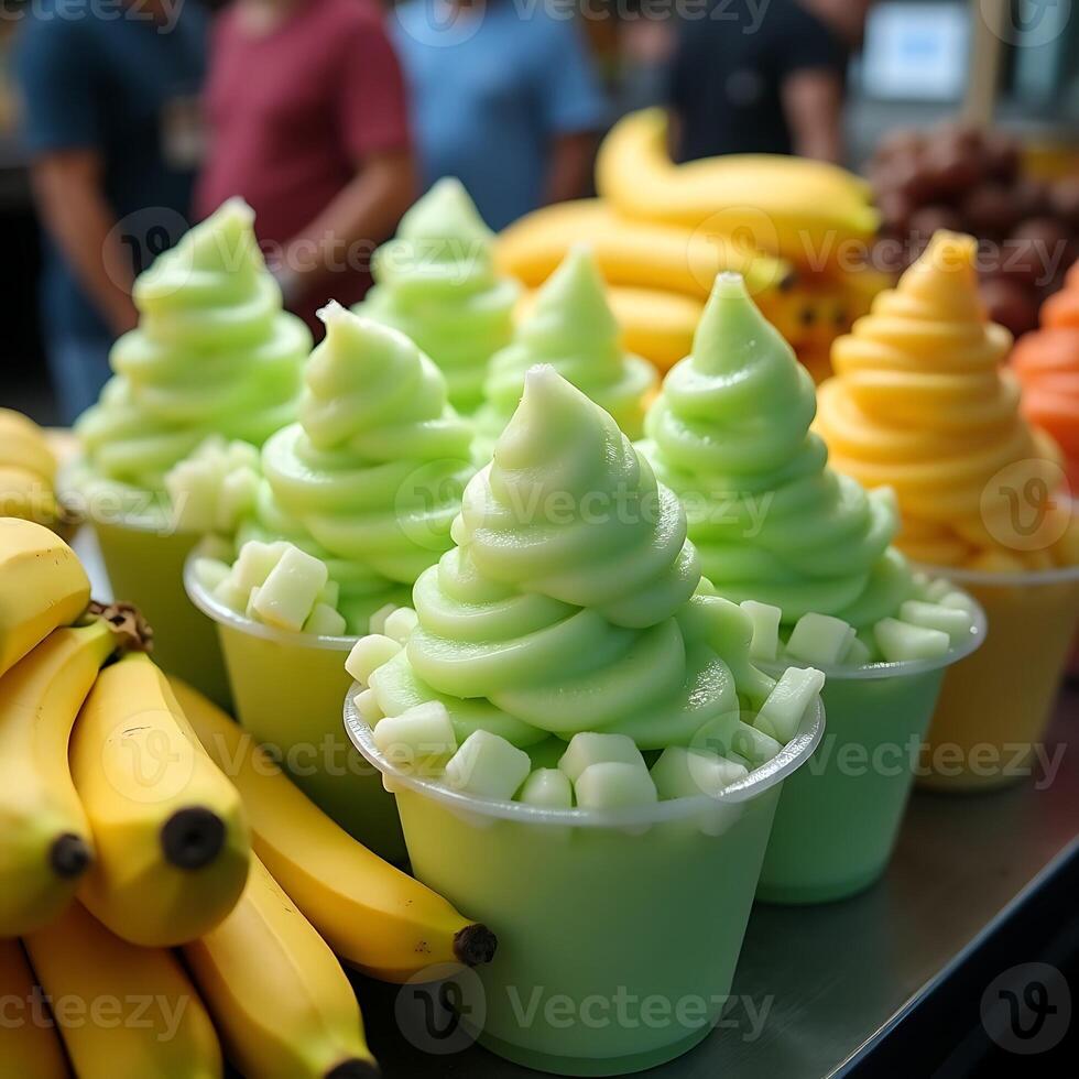 Serving Fruit Flavored Soft Serve with Fresh Banana Display photo
