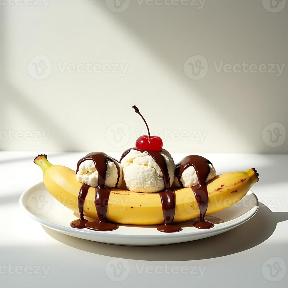 Banana Split Dessert with Ice Cream and Chocolate Sauce photo