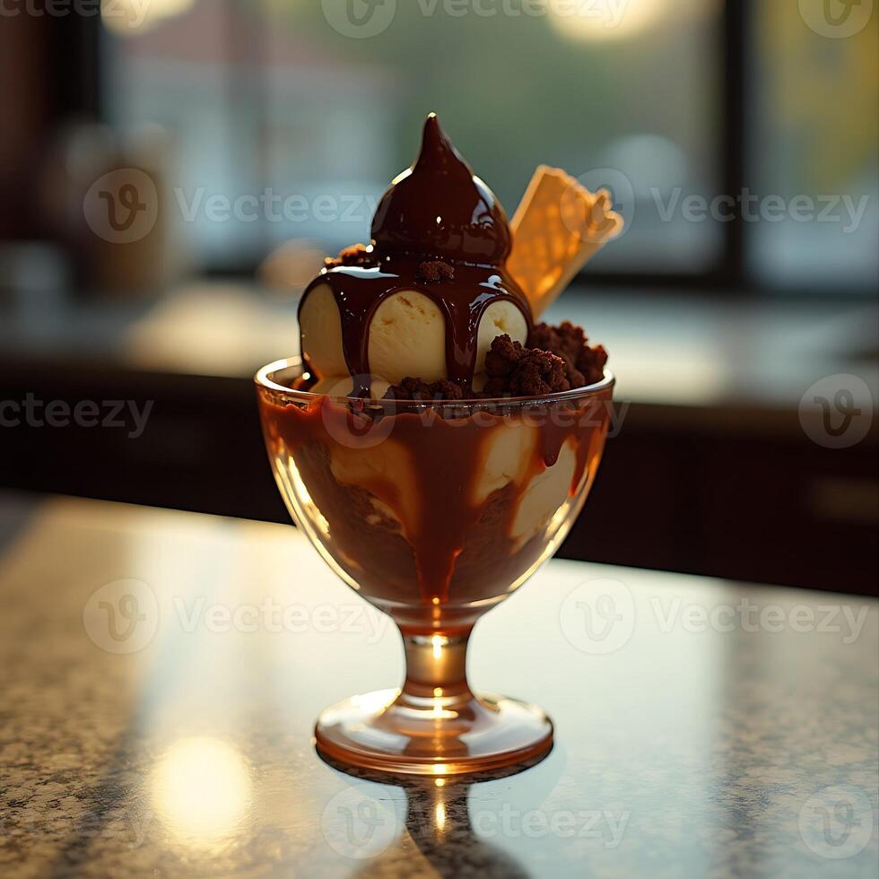 Ice Cream Sundae with Chocolate Sauce and Wafer on Counter photo