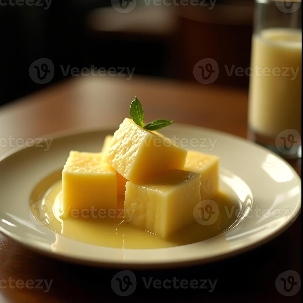 Creamy Dessert Cubes on Plate with Yellow Sauce and Drink photo