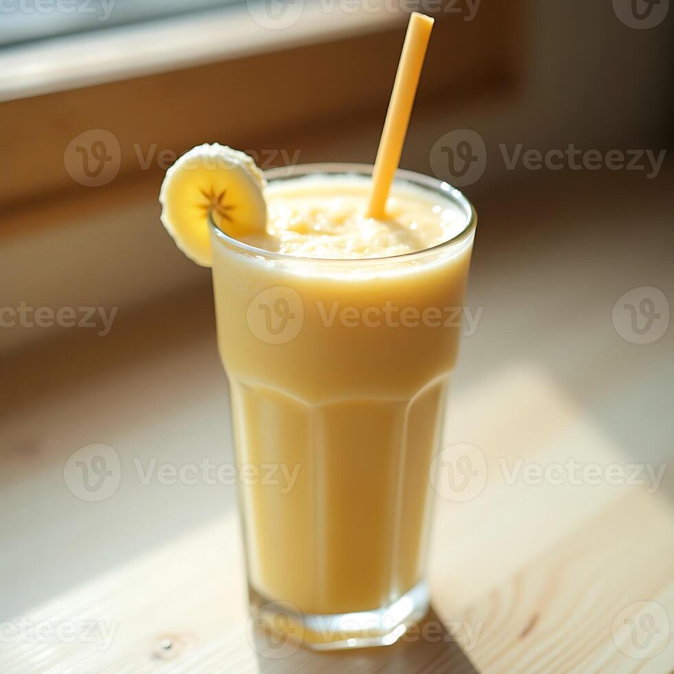 Banana Smoothie in Glass with Straw and Banana Slice photo