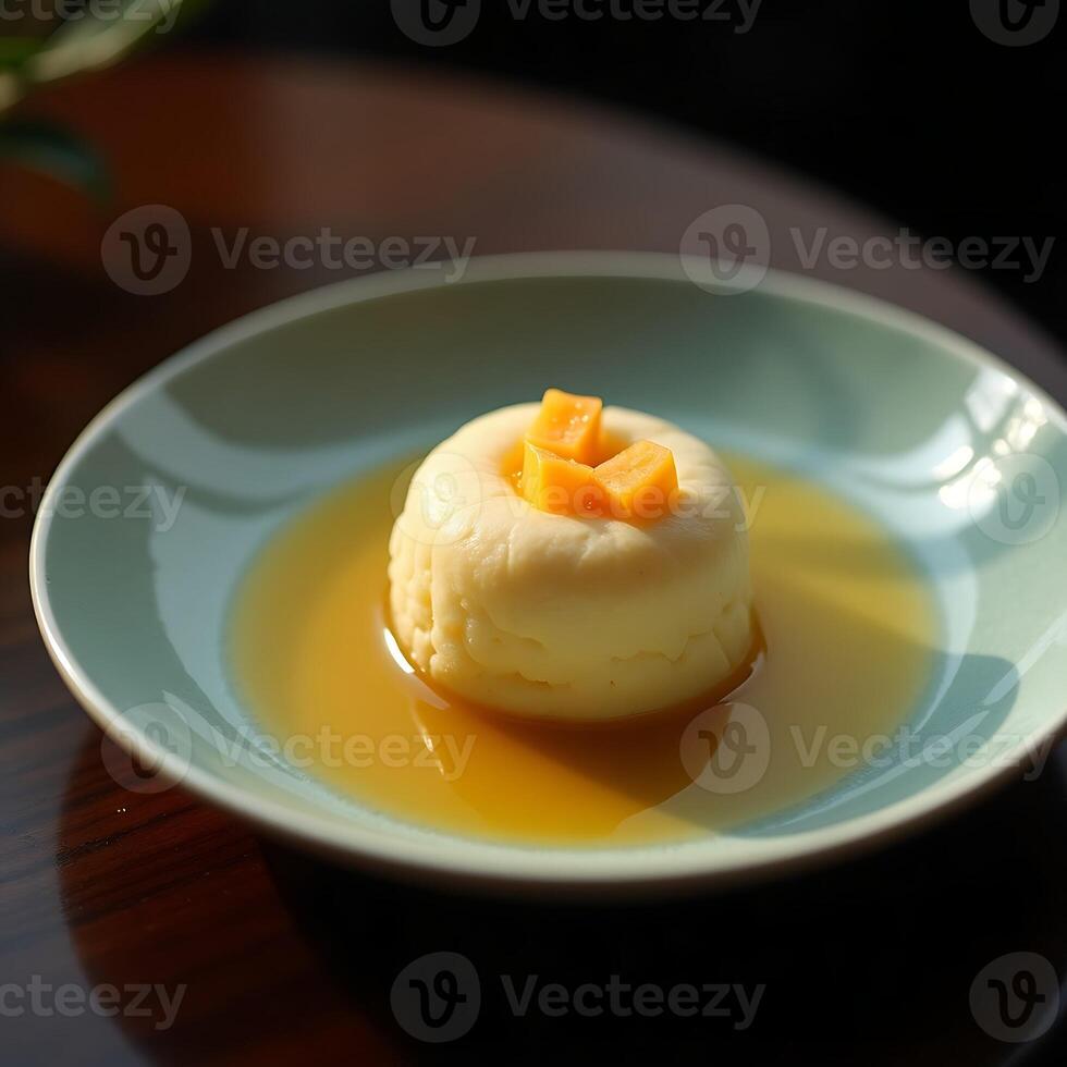 Serving Custard Dessert with Fruit Topping on Plate photo
