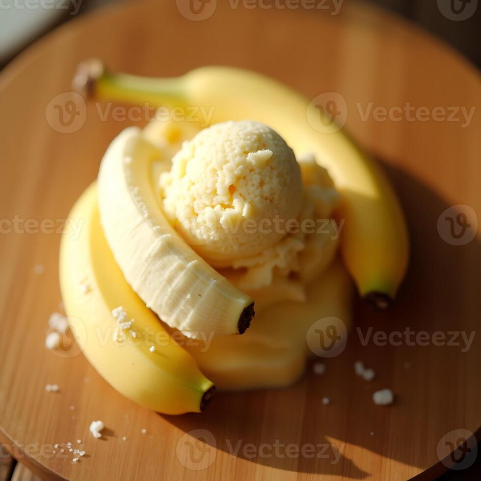 Preparing Banana Ice Cream with Sliced Fruit on Wooden Board photo
