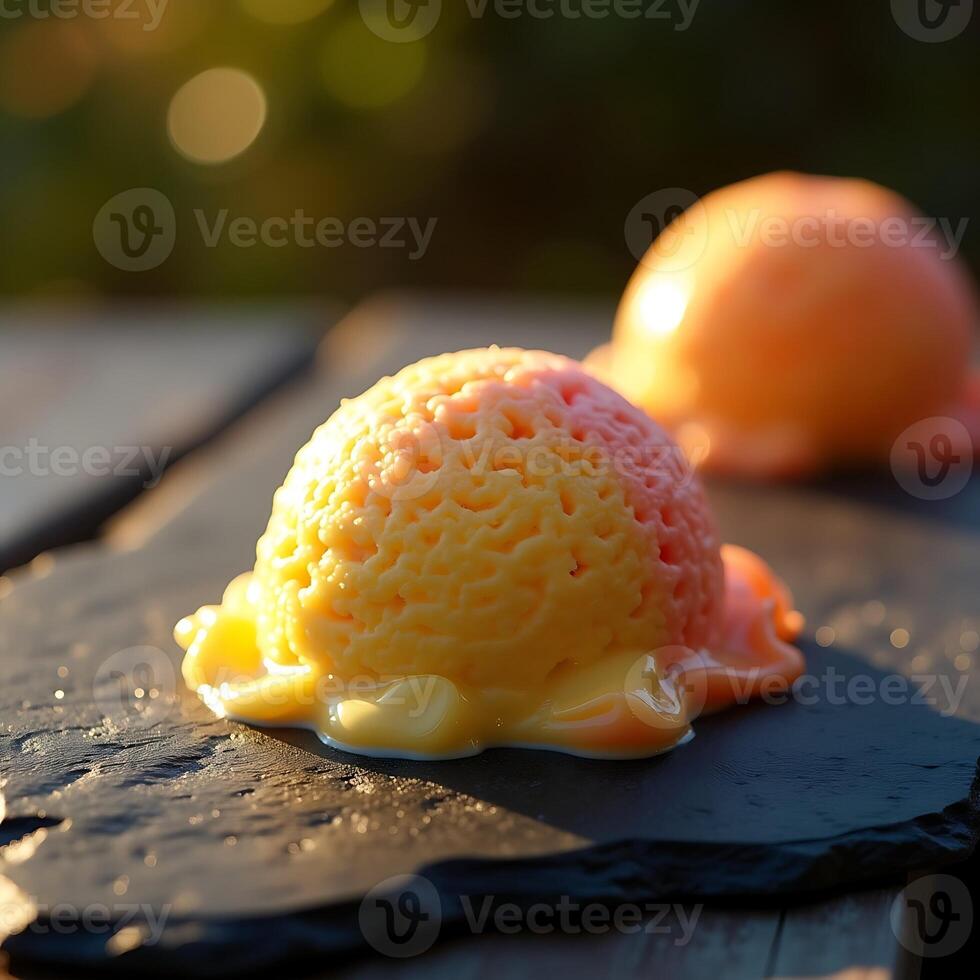 Melting Ice Cream Scoops on Slate Close-up Summer Dessert photo