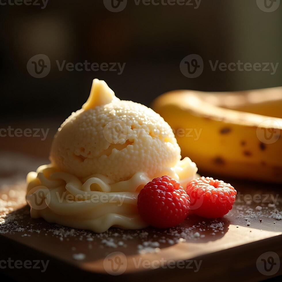 Serving of Ice Cream with Red Berries and Banana Dessert photo