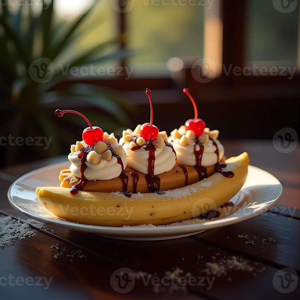 Banana Split Dessert with Cherries and Whipped Topping on Plate photo