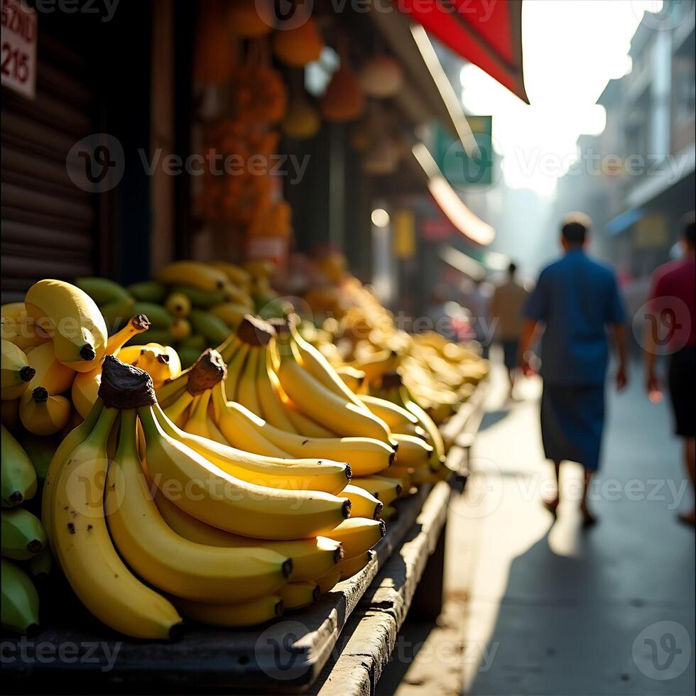 Bananas for Sale at Outdoor Market with People Walking by photo