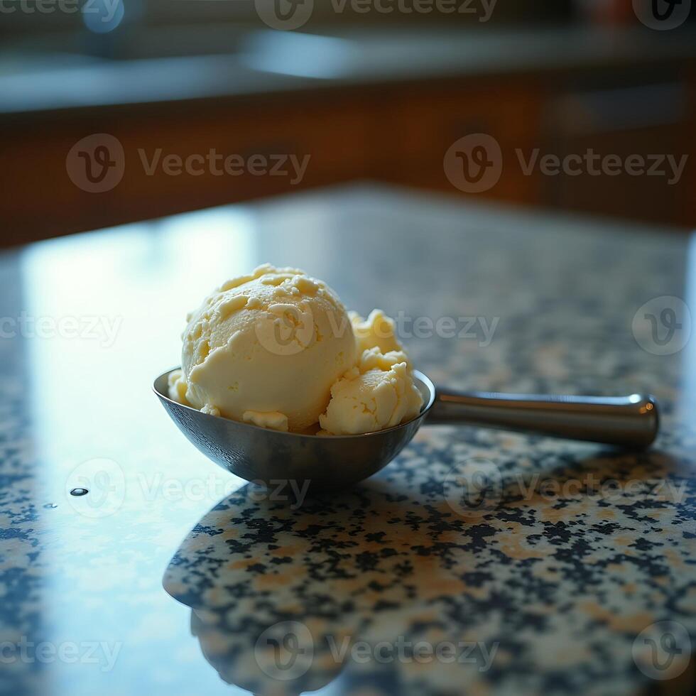 Scooping Vanilla Ice Cream on Granite Countertop photo