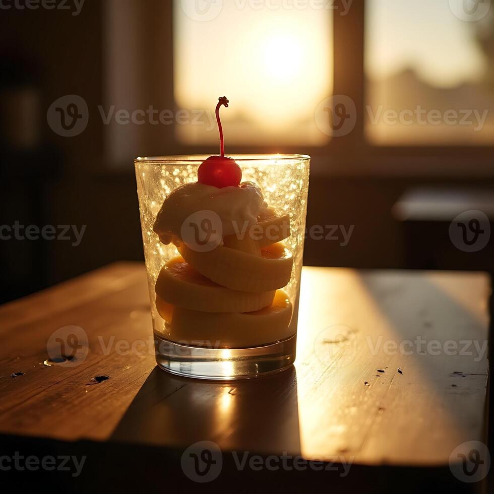 Dessert in Glass with Cherry Topping at Golden Hour photo