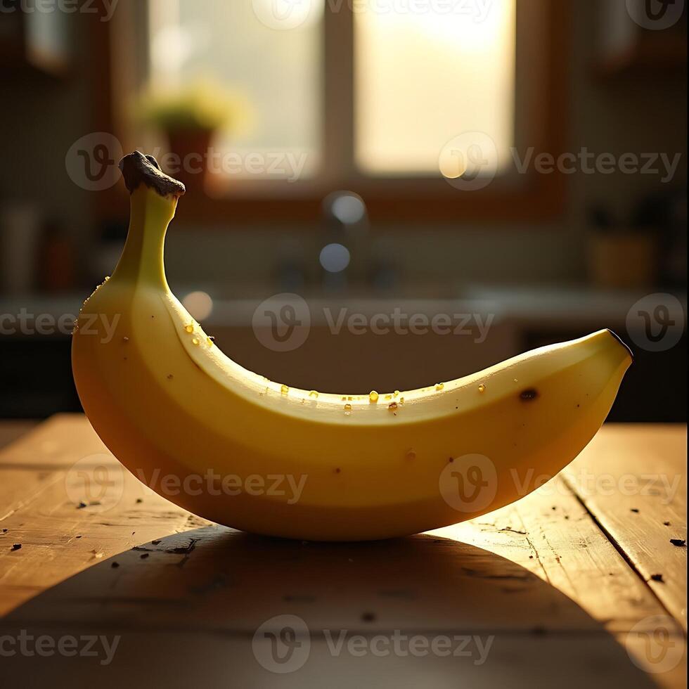 Fresh Banana on Wooden Table in Kitchen with Warm Sunlight photo