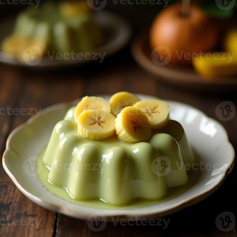 Serving Creamy Pudding with Banana Slices on a Plate photo