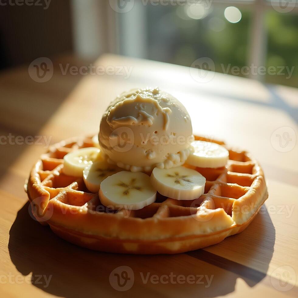 Serving Waffle with Ice Cream and Sliced Banana on Wooden Table photo