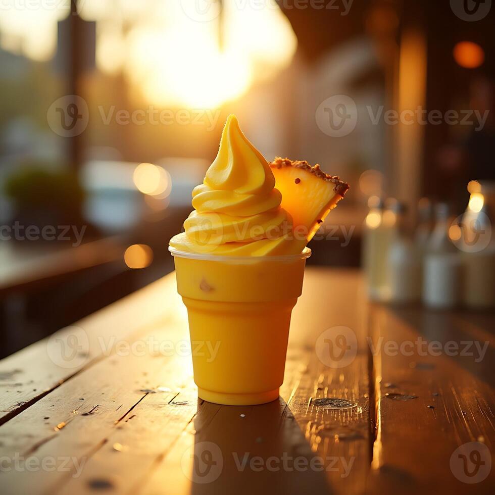 Enjoying Yellow Soft Serve Ice Cream with Pineapple on Wooden Table photo
