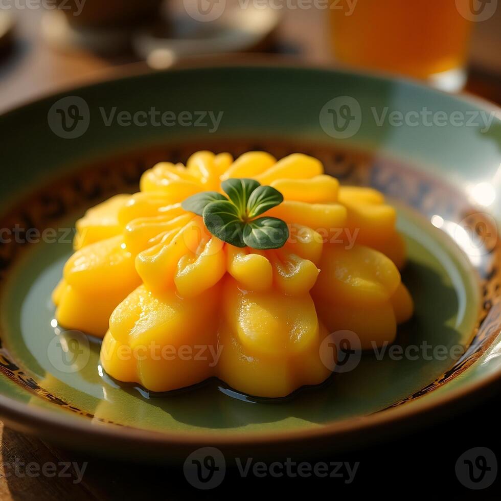 Serving Elegant Mango Dessert on Decorative Plate with Clover Garnish photo