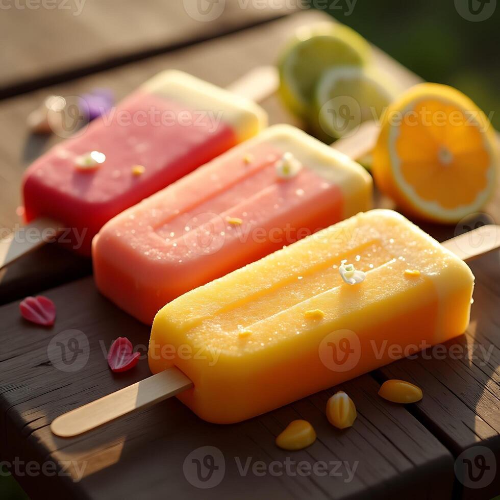 Colorful Popsicles on Wooden Surface in Summer Sunshine photo