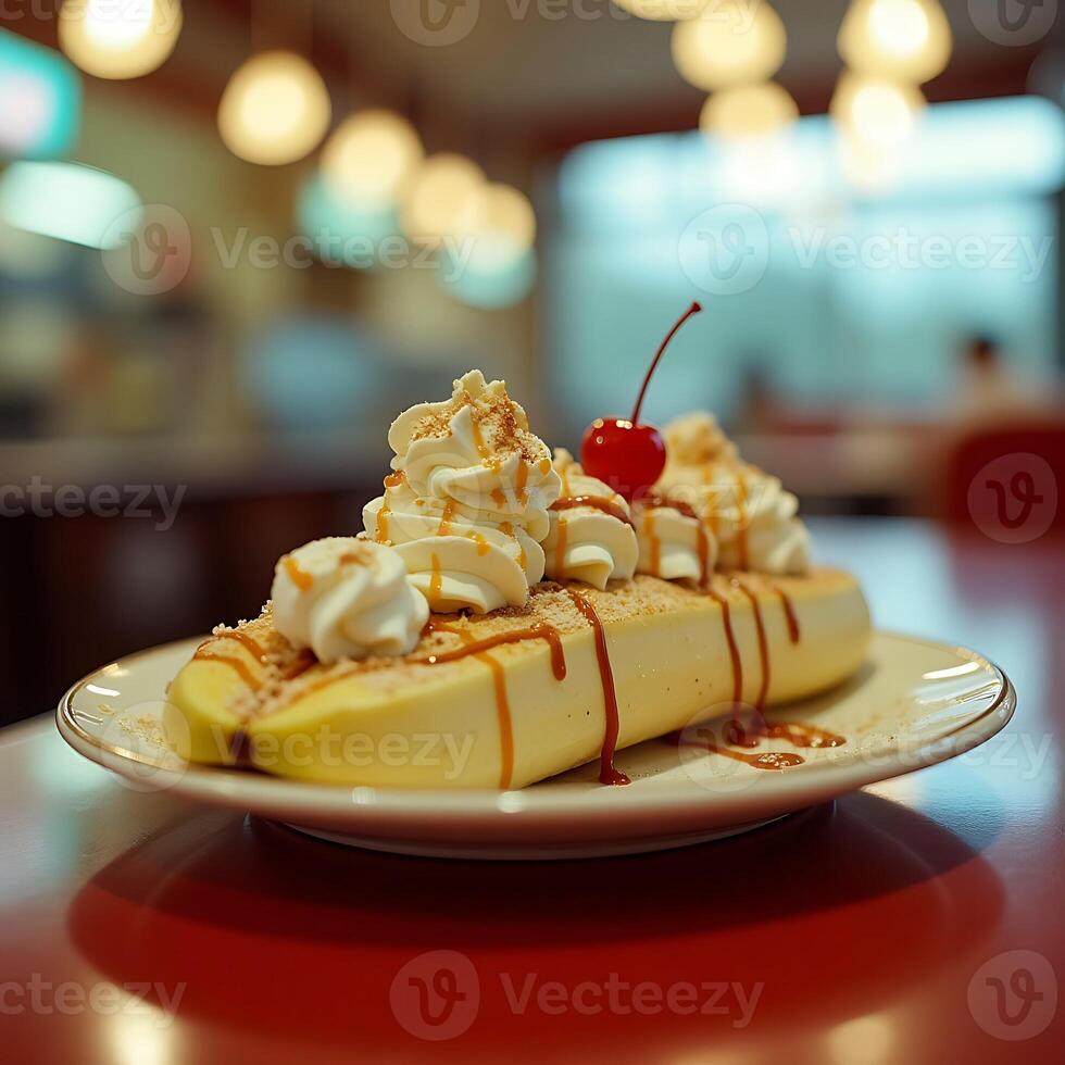 Enjoying a Classic Banana Split Dessert with Whipped Cream and Cherry photo