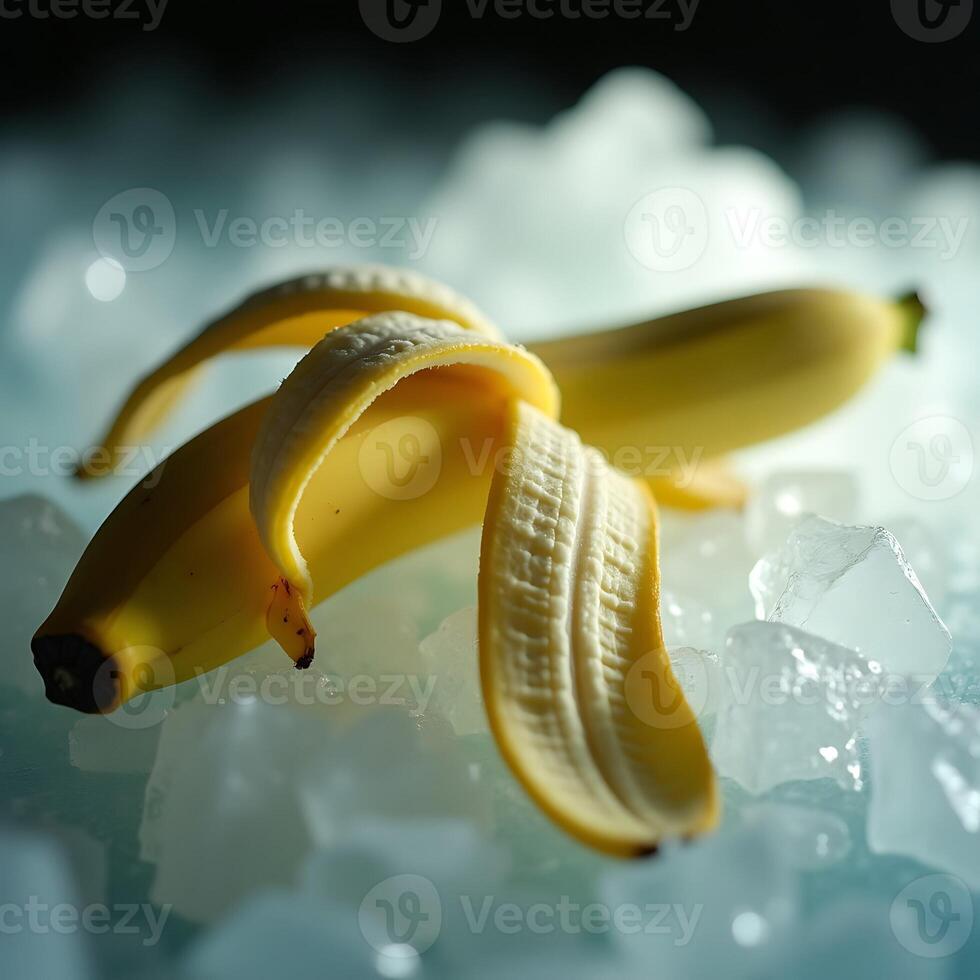 Peeled Banana on Ice Cubes Fresh and Refreshing Still Life photo