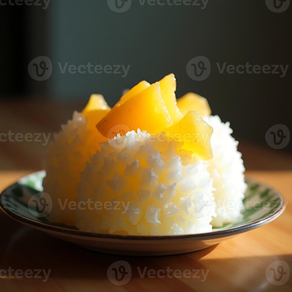 Shaved Ice Dessert with Yellow Fruit Topping on a Plate photo