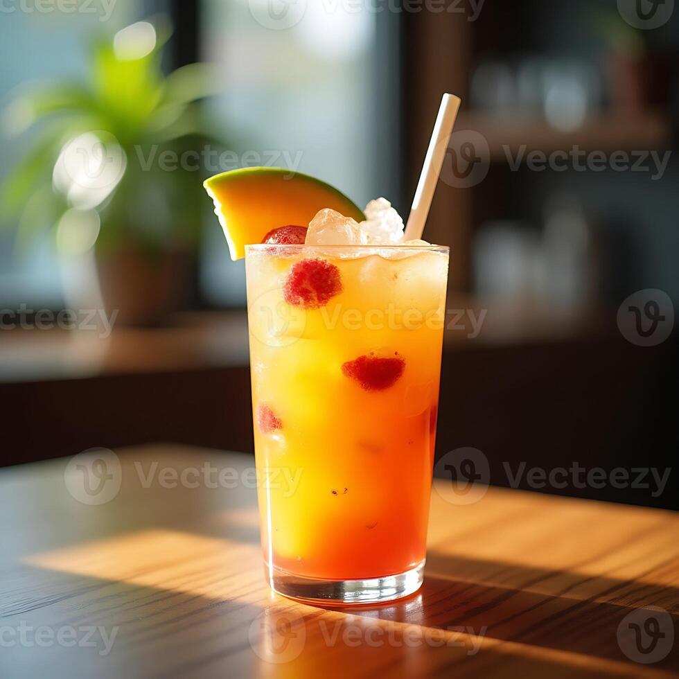 Refreshing Fruit Cocktail with Ice and Straw on Wooden Table photo