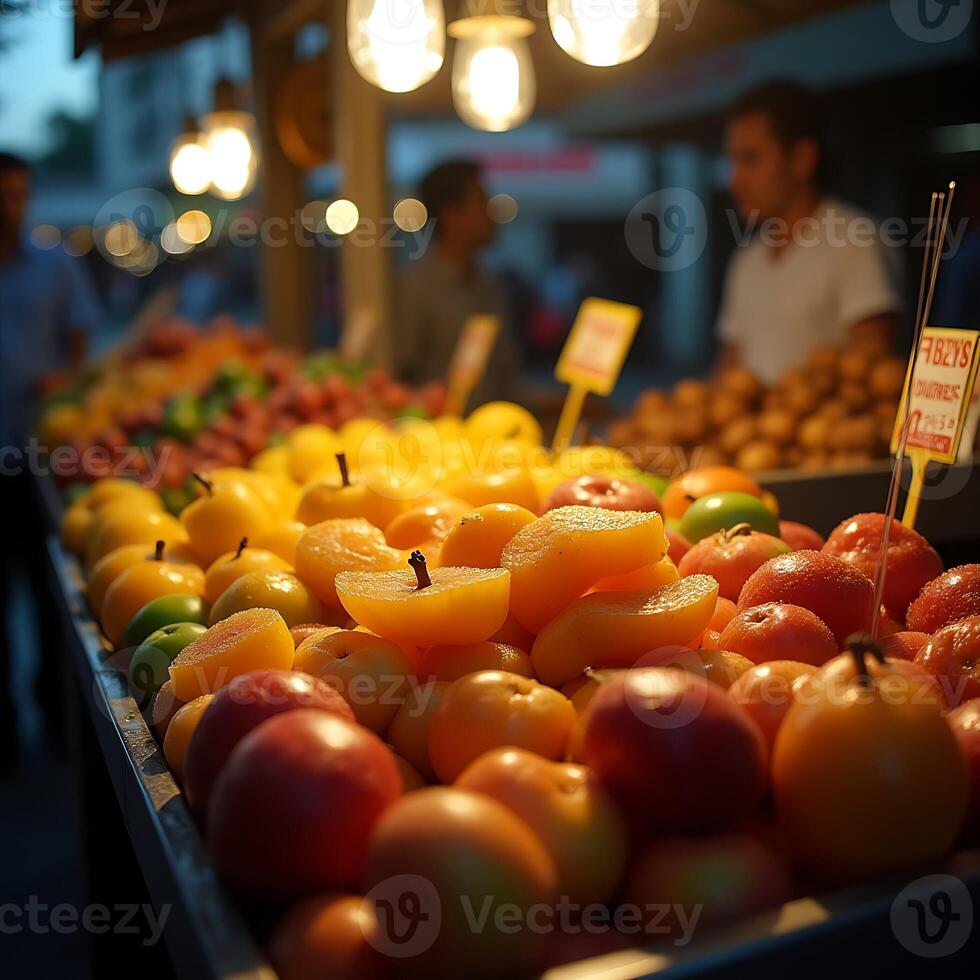 Fresh Fruits at Outdoor Market Stall Selling Apples and Pears photo